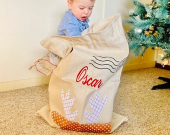 Personalised Reindeer Santa Sack: Embroidered Cotton Christmas Sack.