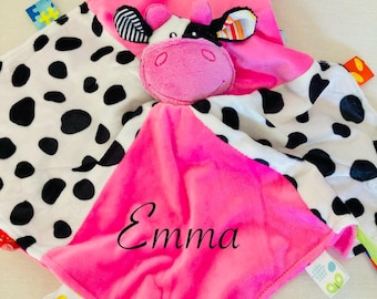 Personalized Cow Baby Comforter: Plush Lovey, Sensory Rattle Toy.
