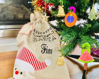 Personalised Santa Sack: Embroidered Christmas Sack with Gift Tag.
