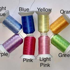 Thread colours to choose from for the embroidered name. Light blue, Blue, Yellow, Orange, Purple, Pink, Light Pink and Green. By Bespoke Munchkin