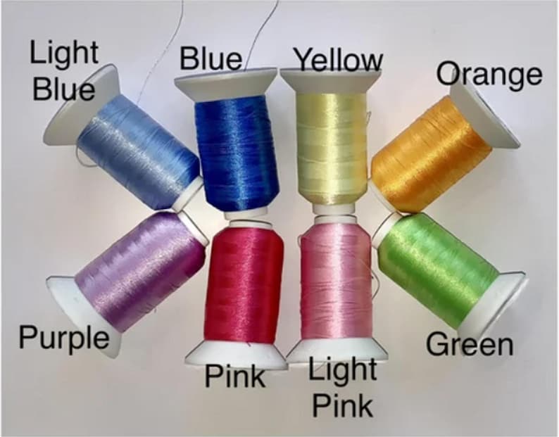 Thread colours to choose from for the embroidered name. Light blue, Blue, Yellow, Orange, Purple, Pink, Light Pink and Green. By Bespoke Munchkin