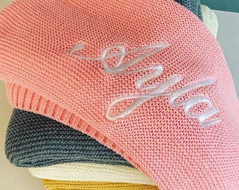 Personalized Organic Cotton Knit Baby Blanket: Embroidered Pram Blanket