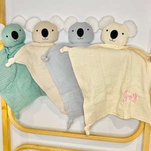 Personalised Baby Comforter, Koala Security Blanket Soother Sleep Toy, Organic Muslin Lovey, Baby shower gift, Unisex Baby Gift.