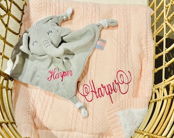 Conjunto de regalo personalizado para bebé niña: manta de punto y edredón de elefante.