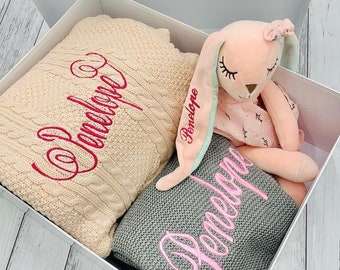 Personalised Baby Gift Set, Infant Gift set, Personalized Bunny Baby Shower Gift Set, Baby Blanket and Baby Gift Box.