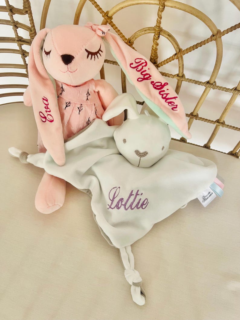 White personalised bunny baby comforter personalised with name Lottie in purple, resting on a pink bunny with Eva embroidered one one ear and Big Sister on the second ear. Both plush bunny and baby comforter are in a cot.