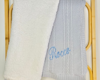 Personalized Knitted Cotton Baby Blanket: Sherpa Lined Pram Blanket.
