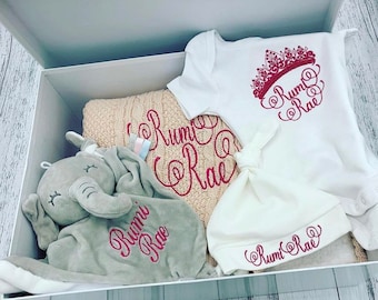 Conjunto de regalo personalizado para bebé: manta bordada, body y mantita de elefante, regalo unisex para recién nacidos.