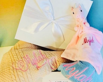 Personalised Baby Blanket and Unicorn Comforter Baby Gift Set: Newborn Keepsake, Embroidered Name on Baby Blanket,
