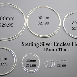 Endless Hoops (1.5mm thick) 100mm, 90mm, 80mm, 70mm, 35mm, 20mm- Sterling Silver .925