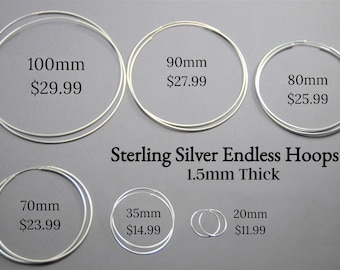 Endless Hoops (1.5mm thick) 100mm, 90mm, 80mm, 70mm, 35mm, 20mm- Sterling Silver .925