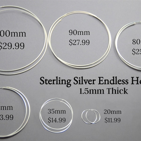 Endless Hoops (1.5mm thick) 100mm, 90mm, 80mm, 70mm, 35mm, 20mm- Sterling Silver .925