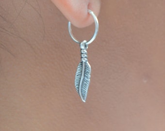 Leaf Charm Hoop Earrings - Sterling Silver .925