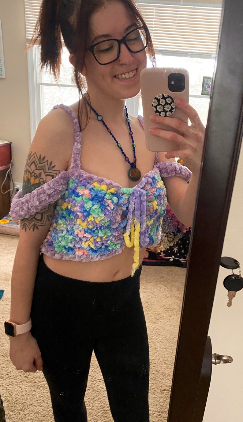 Handmade Knit Tops for Women XSSM Springtime Velvet Off the Shoulder Crochet Crop Top Boho Hippie Chic Crochet Shirts
