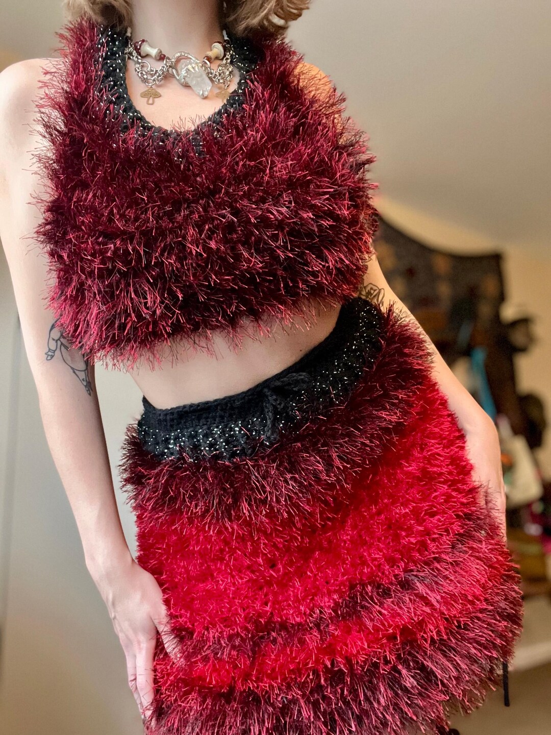 Furry Patchwork Leather Skirt Set-Up