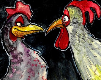 May include: Two watercolor roosters facing each other. The rooster on the left is gray with red accents and the rooster on the right is white with green and red accents. The background is black with a green and yellow wash.