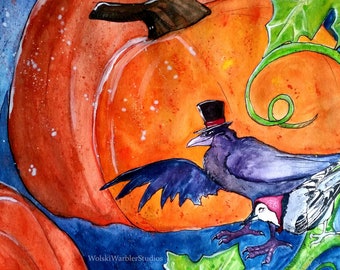 Pumpkin Patch, Whimsical Pumpkins, Halloween, Fall, Birds with hats, Crow and Nuthatch, Watercolor print, 4x6 matte print