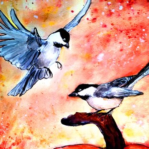 May include: Two black-capped chickadees, one in flight and the other perched on a pumpkin stem, against a watercolor background of orange, yellow, and white.