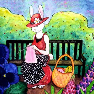 Bunny Print, 8x10 Art Print, Rabbit Print, Cottagecore, Children&#39;s Illustration, Nursery Wall Art, Flower Garden, Hygge, Lupines, Pansies