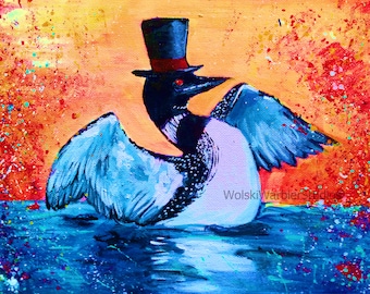 Pode incluir: Um mergulhão azul e preto com um chapéu-coco vermelho e preto, pintado em uma tela com um fundo colorido.
