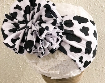 Cow Print Baby Girl Messy Bow Headwrap, Western Baby Girl Headband, Baby Shower Gift Messy Bow, Toddler Head Wrap with Big Bow, Rodeo