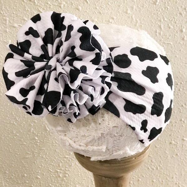 Cow Print Baby Girl Messy Bow Headwrap, Western Baby Girl Headband, Baby Shower Gift Messy Bow, Toddler Head Wrap with Big Bow