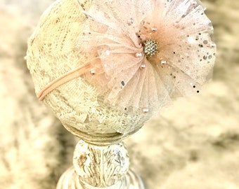 Sparkle Baby Girl Messy Bow Headwrap, Pink and Pearl Baby Girl Headband, Baby Shower Gift Messy Bow, Toddler Head Wrap with Big Bow