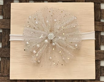 Sparkle Baby Girl Messy Bow Headwrap, Gold and Pearl Baby Girl Headband, Baby Shower Gift Messy Bow, Toddler Head Wrap with Big Bow