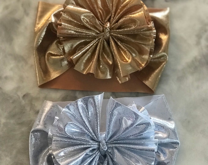 New Years Baby Messy Bow Headwrap, Gold and Silver Baby Girl Headband, Baby Shower Gift Messy Bow on Clip, Toddler Head Wrap with Big Bow