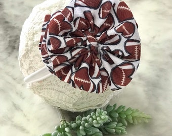 Football Baby Girl Messy Bow on Nylon Headband, Football Baby Girl Headband, Baby Shower Gift Messy Bow, Toddler Head Wrap with Big Bow