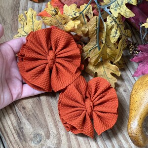 May include: Two large, rust-colored fabric hair bows with a ruffled texture. The bows are arranged in a hand, with the larger bow on top and the smaller bow underneath.