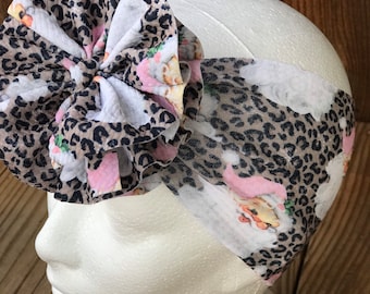 Pink Santa Messy Headwrap, Shredded Bow, Leopard Christmas Baby Girl Headband, Messy Bow, Toddler Head Wrap with Big Bow, Pigtail bows