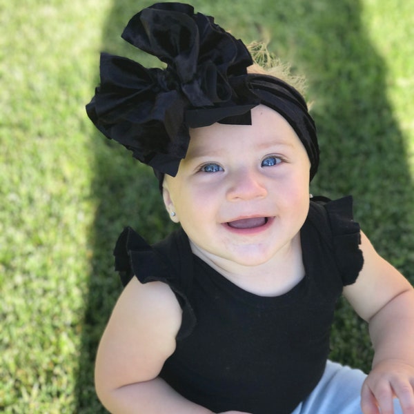 Black Velvet Messy Bow Headwrap, Toddler Girl Shredded Headband, Baby Shower Gift for Girl, Toddler Girl Outfit