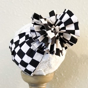 Race Car Baby Girl Messy Bow Headwrap, Checkered Headband, Baby Shower Gift, Messy Bow, Dirtbike Toddler Head Wrap with Big Bow, Motocross
