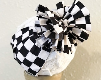 Race Car Baby Girl Messy Bow Headwrap, Checkered Headband, Baby Shower Gift, Messy Bow, Dirtbike Toddler Head Wrap with Big Bow, Motocross