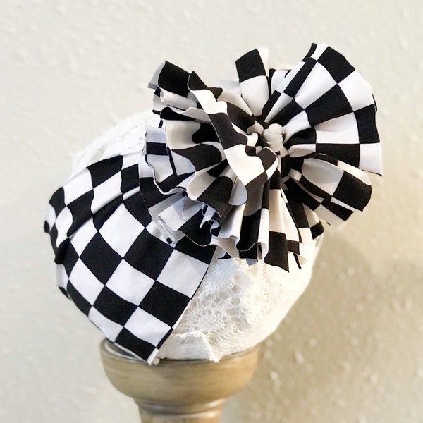 Race Car Baby Girl Messy Bow Headwrap, Checkered Headband, Baby Shower Gift, Messy Bow, Toddler Head Wrap with Big Bow