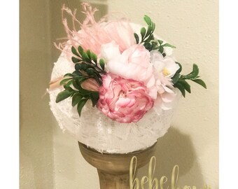 Pink Floral Baby Headband with Feathers, Newborn Baby Girl Bow Headband, Flower Girl Hair Bow, Baby Girl Photo Prop, Girl First Birthday