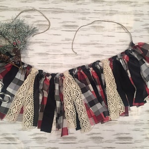Farmhouse Christmas Home Decor, Buffalo Plaid Decor, Christmas Fabric Banner, Red and Gray Boho Garland Decoration