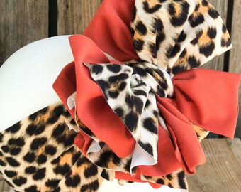 Leopard Baby Girl Messy Bow Headwrap, Cheetah Baby Girl Headband, Baby Shower Gift Messy Bow on Clip, Toddler Head Wrap with Big Bow