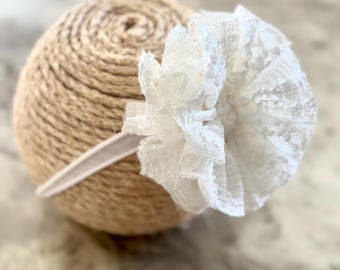 Ivory Ruffle Lace Baby Headband | Messy Bow Nylon Headband | Baby Blessing Christening Headband | Newborn Baby Girl Headwrap | Photo Prop