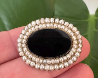 Victorian Onyx and Seed Pearl Mourning Brooch - Antique - 12k gold