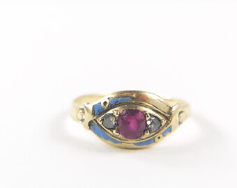 RESERVED Magical Late Victorian Ruby and Diamond Ring with Bits of Blue Enamel - 18k gold