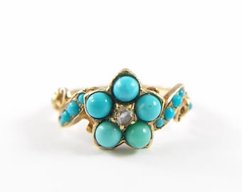 Antique Victorian Turquoise + Diamond Flower Cluster Ring - Forget Me Not