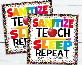 Back To School Teacher Gift Tag, Sanitize Teach Sleep Repeat, Appreciation Gift For Teachers School PTO PTA, Hand Soap, Editable Printable