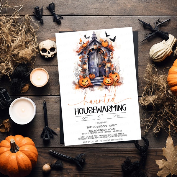 Halloween Haunted Housewarming Invitation, New Home Halloween Invite, Autumn Fall Costume Party, Address Change, Editable Printable Template