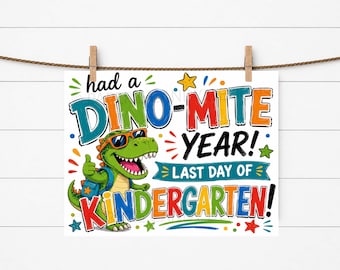 Utskrivbar skylt med dinosaurieskolans sista dag, milstolpe för fotorekvisita för dagis med Dino-mite för sista skolans dag (nedladdning direkt)