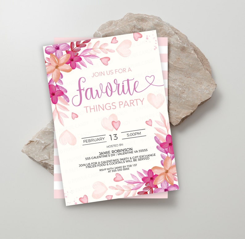 Inbjudan till Alla hjärtans dags favoritsaker, Galentines inbjudan, Alla hjärtans dag-presentbytesfest för damer och vänner, Alla hjärtans dag utskrivbar och redigerbar bild 1