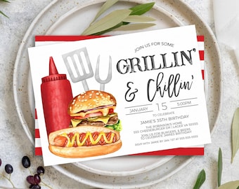May include: A white invitation with red and white stripes on the back. The front of the invitation features a watercolor illustration of a hamburger, hot dog, ketchup bottle, spatula, and fork. The text on the invitation reads "Join us for some Grillin' & Chillin'" with the date and time of the event. The event is to celebrate Jamie's 35th birthday.