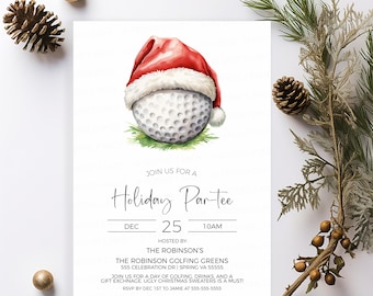 May include: A white golf ball wearing a red Santa hat with white trim. The text on the invitation reads "Join us for a Holiday Par-tee" with the date "Dec 25" and time "10am". The invitation also includes the event host, "The Robinson's", the location, "The Robinson Golfing Greens", and the address, "555 Celebration Dr | Spring VA 55555". The invitation also includes the text "Join us for a day of golfing, drinks, and a gift exchange. Ugly Christmas sweaters is a must!" and the RSVP information, "RSVP by Dec 1st to Jamie at 555-555-5555".