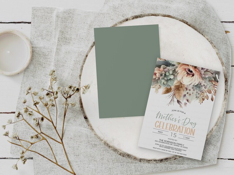 May include: A white invitation card with a watercolour floral design in shades of brown, green, and pink. The text on the card reads "Join us for a Mother's Day Celebration" with the date "May 15, 11 AM" and the host "The Robinson Family".